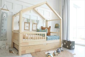 Κρεβάτι Παιδικό Montessori  House Bed  Plus με κάγκελα 23cm  + Συρτάρι  σε Φυσικό  Ξύλο  90×200cm  Luletto (Δώρο 10% έκπτωση στο Στρώμα)