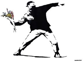 Αφίσα Banksy street art - graffiti throwing flowers, (59 x 42 cm)