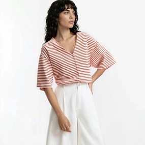 Ριγέ μπλουζάκι με κουμπιά και V λαιμόκοψη