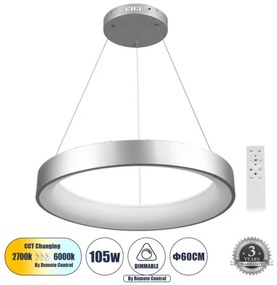 Κρεμαστό Φωτιστικό Οροφής LED 105W 12075lm SALEM Globostar-61246-Ασημί 61246