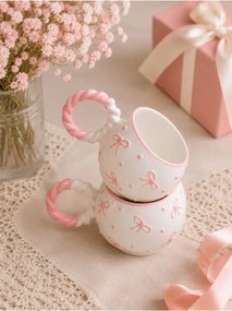 Stewehome Σετ 2 κεραμικές κούπες με πλεκτή λαβή και ανάγλυφο φιόγκο Ροζ