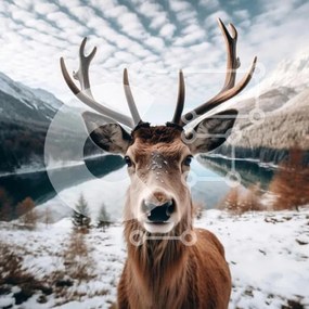 Intra Συλλεκτικό Ξύλινο Παζλ Plywood 4mm - Ελάφια με μεγάλα κέρατα στο χιονισμένο ορεινό τοπίο Σε Ξύλινο Κουτί - Διαστάσεις: 10x10 cm – 25 κομμάτια