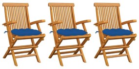 Καρέκλες Κήπου 3 τεμ. από Μασίφ Ξύλο Teak με Μπλε Μαξιλάρια