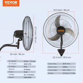 VEVOR Wall Fan Metal 49 cm Ventilation 3 Speeds