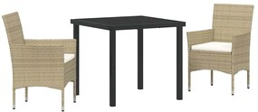 vidaXL Σέτ φαγητού για κήπο με μαξιλάρι 3 pcs Μπεζ Πολυ ράταν