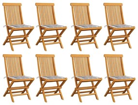 Καρέκλες Κήπου 8 τεμ από Μασίφ Ξύλο Teak με Γκρι Καρό Μαξιλάρια 3072931