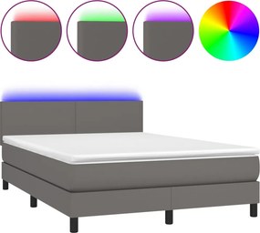 vidaXL Κρεβάτι Boxspring με Στρώμα &amp; LED Γκρι 140x190 εκ. Συνθ. Δέρμα