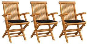 vidaXL Καρέκλες Κήπου 3 τεμ. από Μασίφ Ξύλο Teak με Μαύρα Μαξιλάρια