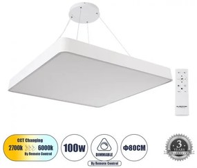 Κρεμαστό Φωτιστικό Οροφής 100W CCT Dim Τετράγωνο Αλουμίνιο Globostar 61211 Λευκό