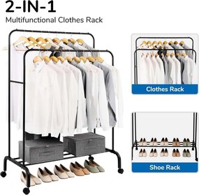 Διπλή Tροχήλατη Κρεμάστρα Δαπέδου 110x55x150cm με 1 Ράφι - Μαύρο
