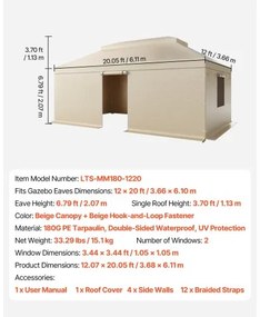 VEVOR Winter Gazebo Cover Fits 3.66 x 6.10m Hardtop Gazebos, All-Weather Double-Tiered Gazebo Cover with Sidewalls &amp; Mesh Windows, High-Density PE Enclosed Storage Shelter Covers, Gazebos not Included
