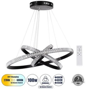 Κρεμαστό Φωτιστικό Οροφής LED 100W 12123lm DIAMOND ΤRIO Globostar-61136-DECO-Μαύρο 61136-DECO
