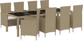 vidaXL Σετ Τραπεζαρίας Εξ. Χώρου 9 τεμ. Μπεζ Συνθ. Ρατάν με Μαξιλάρια