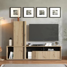 Κέντρο Ψυχαγωγίας - Σύνθεση Chania Artisan Oak - Artisan Oak με Μαύρες Γραμμές - Μαύρο 196x33x140 εκ.