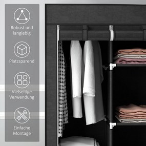 HOMCOM Υφασμάτινη ντουλάπα, λύση αποθήκευσης, 8 ράφια, 2 ράγες ρούχων, μαύρο