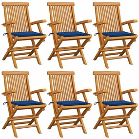 vidaXL Καρέκλες Κήπου 6 τεμ. Μασίφ Ξύλο Teak με Μπλε Ρουά Μαξιλάρια