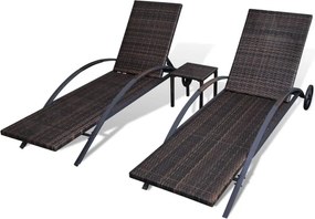 vidaXL Ξαπλώστρες Καφέ από Συνθετικό Ρατάν με Τραπέζι