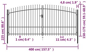 vidaXL Πόρτα Περίφραξης Διπλή με Λόγχες 400 x 225 εκ.