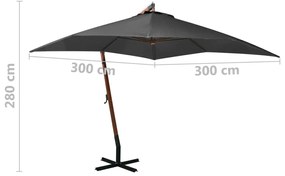 Ομπρέλα Κρεμαστή με Ιστό Ανθρακί 3 x 3 μ. Μασίφ Ξύλο Ελάτης - Ανθρακί