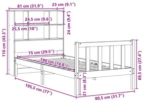 Κρεβάτι Βιβλιοθήκη Χωρίς Στρώμα 75x190 εκ Μασίφ Ξύλο Πεύκο - Καφέ