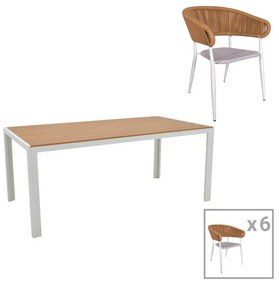 Dining table Nares-Raven B set of 7 white aluminum and plywood in a natural shade 180x90x72.5cm 180x90x72.5 εκ.