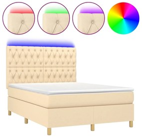 vidaXL Κρεβάτι Boxspring με Στρώμα &amp; LED Κρεμ 140x190 εκ. Υφασμάτινο
