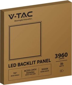 V-TAC LED panel Backlit 60×60 36W 3000K θερμό λευκό 110lm/W SKU: 10557
