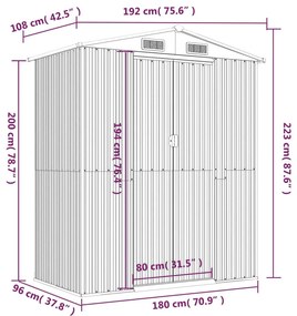 Αποθήκη Κήπου Ανοιχτό γκρι 192x108x223 εκ. Γαλβανισμένο Ατσάλι - Γκρι