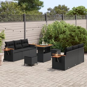 vidaXL Σετ 9 Τεμαχίων Καναπέ Κήπου Με Μαξιλάρια Μαύρο Πολυ Ράτανα Ακακία