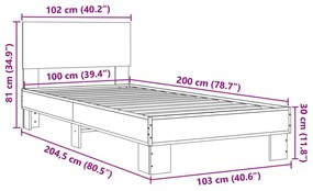 Πλαίσιο Κρεβατιού Καπνιστή Δρυς 100x200εκ. Επεξ. Ξύλο &amp; Μέταλλο - Καφέ