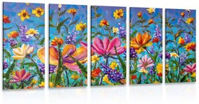 Έγχρωμη εικόνα 5 μερών λουλούδια στο λιβάδι - 100x50