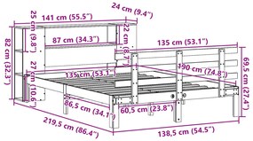Κρεβάτι Βιβλιοθήκη Χωρίς Στρώμα 135x190 εκ Μασίφ Ξύλο Πεύκου - Καφέ