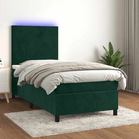 vidaXL Κρεβάτι Boxspring με Στρώμα &amp; LED Σκ. Πράσινο 80x200 εκ Βελούδο