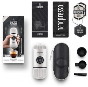 Φορητή μηχανή εσπρέσο Wacaco Nanopresso Chill White, 18bar, 80 ml, Για αλεσμένο καφέ, Δεν χρειάζεται φόρτιση ή μπαταρίες, Θήκη μεταφοράς, Λευκό