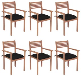 Καρέκλες Κήπου Στοιβαζ. 6 τεμ. από Μασίφ Ξύλο Teak με Μαξιλάρια - Μαύρο