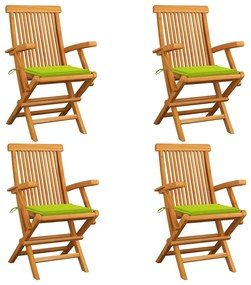 vidaXL Καρέκλες Κήπου 4 τεμ. Μασίφ Ξύλο Teak Φωτεινά Πράσινα Μαξιλάρια