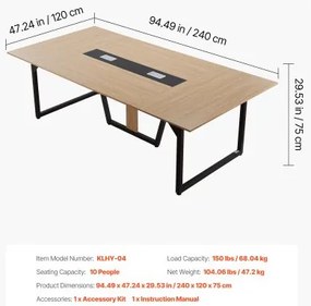 VEVOR Conference Table, 2400 mm Office Meeting Table for 10 Person, Modern Rectangle Seminar Desk with Metal Legs, Large Meeting Desk Ideal for Office, Boardroom, Conference Room, Easy Assembly, Brown