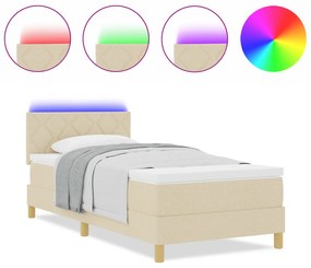 vidaXL Box Spring Bed με Στρώμα & LED Κρεμ 100x200 εκ. Ύφασμα
