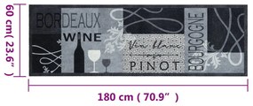 vidaXL Χαλί Κουζίνας Πλενόμενο Γκρι Επιγραφή Wine 60x180 εκ. Βελούδο