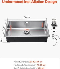 VEVOR 76cm Kitchen Sink Undermount Single Bowl Drop-In Basin Stainless Steel Bar