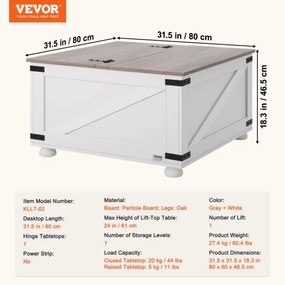 VEVOR 31.5&quot; Farmhouse Coffee Table Hinged Lift Top Square Table with Storage