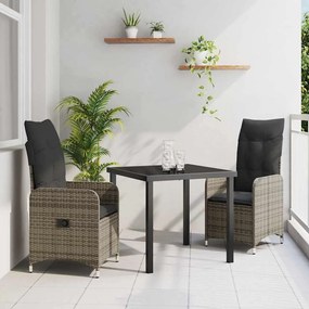 vidaXL Σέτ φαγητού για κήπο με μαξιλάρι 3 pcs Γκρι Πολυ ράταν
