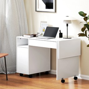 HOMCOM Rolling Computer Desk, Foldable Desk with Cabinet and Drawer, Particleboard, White