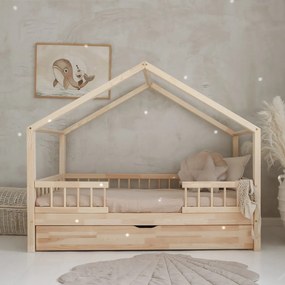 Κρεβάτι Παιδικό Montessori HouseBed Bello Duo Plus με Αφαιρούμενα Κάγκελα 23cm  + Συρτάρι σε Φυσικό  Ξύλο  90×200cm  Luletto (Δώρο 10% έκπτωση στο Στρώμα)