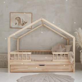 Κρεβάτι Παιδικό Montessori HouseBed Bello Plus με Αφαιρούμενα Κάγκελα 23cm  + Συρτάρι σε Φυσικό  Ξύλο  100×200cm  Luletto (Δώρο 10% έκπτωση στο Στρώμα)