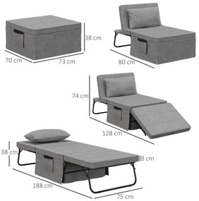 HOMCOM Κρεβάτι-καναπές 4-σε-1, κρεβάτι επισκεπτών, ρυθμιζόμενο ύψος, στρώμα, πλαϊνές τσέπες, μεταλλικό πλαίσιο, γκρι, 188 x 75 x 38 cm