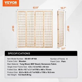 VEVOR Room Divider Japanese Wall Divider 4 Pane for Room Separation (Natural)