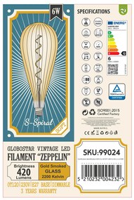 GloboStar® 99024 Λάμπα LED Soft S Spiral Filament E27 OT120 ZEPPELIN Γλόμπος 6W 420lm 360° AC 220-240V IP20 Φ12 x Υ46cm Ultra Θερμό Λευκό 2200K με Μελί Γυαλί - Dimmable - 3 Years Warranty