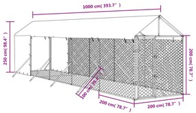 vidaXL Κλουβί Σκύλου Εξ. Χώρου με Οροφή Ασημί 2x10x2,5 μ. Γαλβ. Ατσάλι