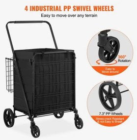 VEVOR Folding Shopping Cart with Removable Waterproof Liner, 330LBS Large Capacity Jumbo Grocery Cart with Dual Basket, 360° Swivel Wheels, Dense Metal Mesh Base, Heavy Duty Utility Cart for Shopping